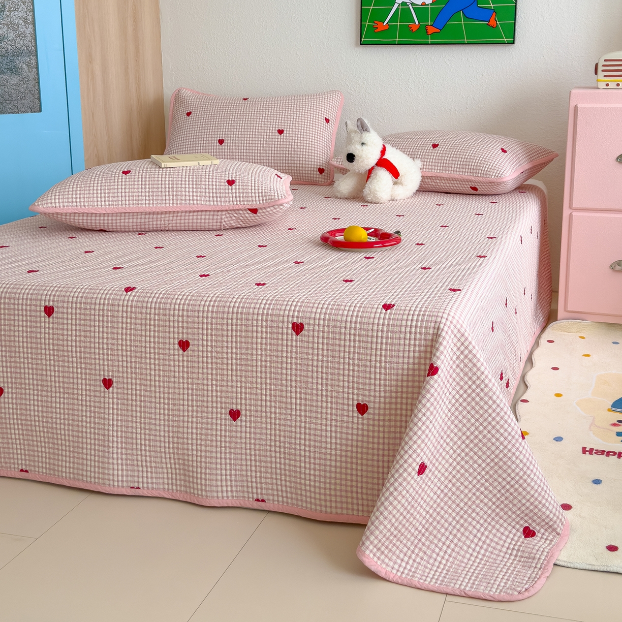 91家纺网 家纺一手货源 找家纺 赫梵茜 2025新款高温砂洗全棉床盖单品床盖床盖单件床盖三件套【可搭配同款春秋被】 格子爱心粉