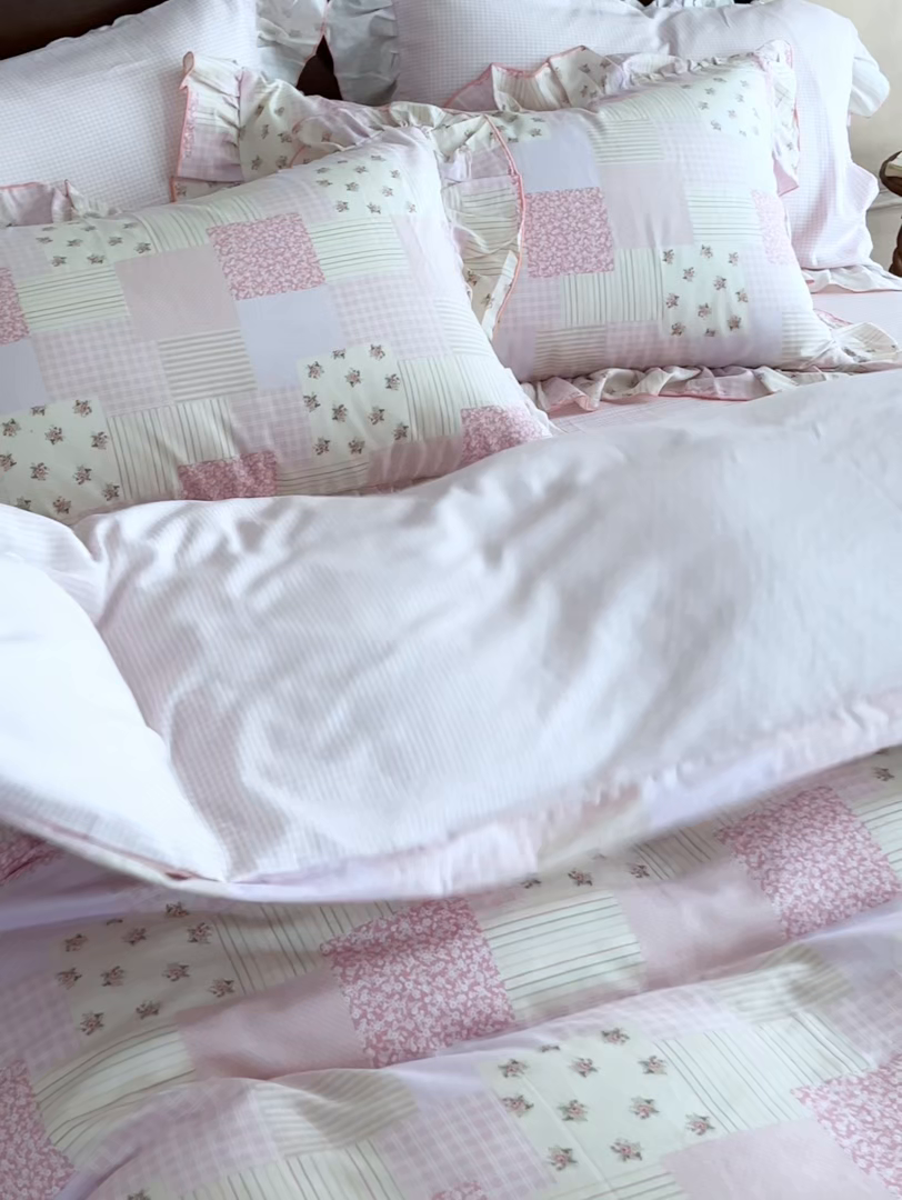 91家纺网 家纺一手货源 找家纺 安莱生活 2025新款全棉纯棉双层纱花边款四件套 雾中花