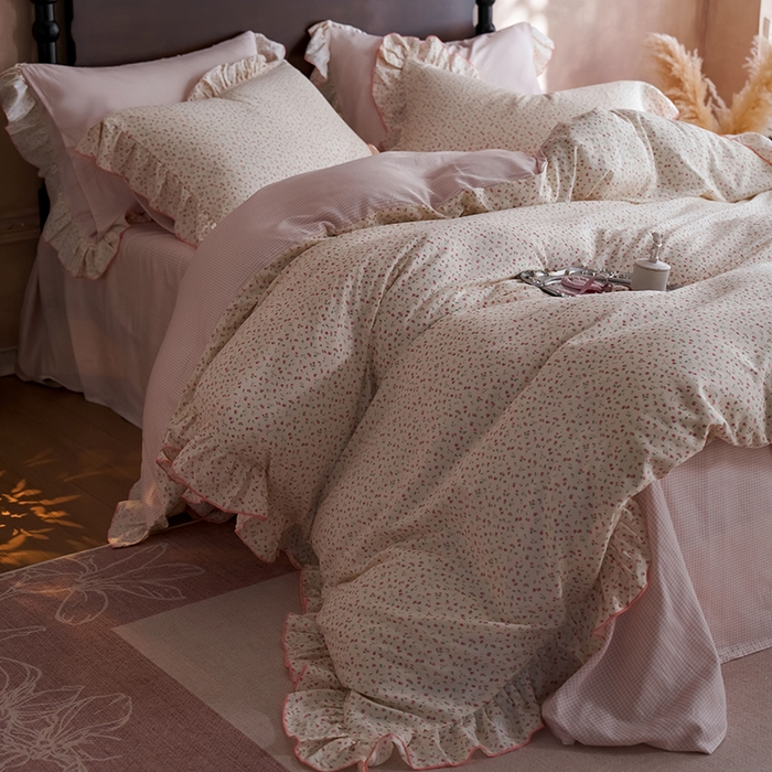 91家纺网 家纺一手货源 找家纺 安莱生活 2025新款全棉纯棉双层纱花边款四件套 絮语