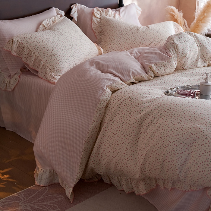 91家纺网 家纺一手货源 找家纺 安莱生活 2025新款全棉纯棉双层纱花边款四件套 絮语