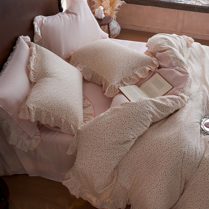 91家纺网 家纺一手货源 找家纺 安莱生活 2025新款全棉纯棉双层纱花边款四件套 絮语