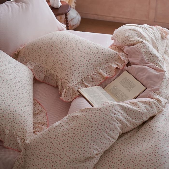 91家纺网 家纺一手货源 找家纺 安莱生活 2025新款全棉纯棉双层纱花边款四件套 絮语