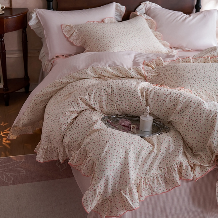 91家纺网 家纺一手货源 找家纺 安莱生活 2025新款全棉纯棉双层纱花边款四件套 絮语