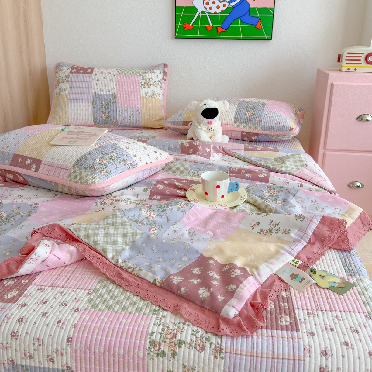 91家纺网 家纺一手货源 找家纺 赫梵茜 2025新款高温砂洗全棉床盖单品床盖床盖单件床盖三件套【可搭配同款春秋被】 款款诗意粉