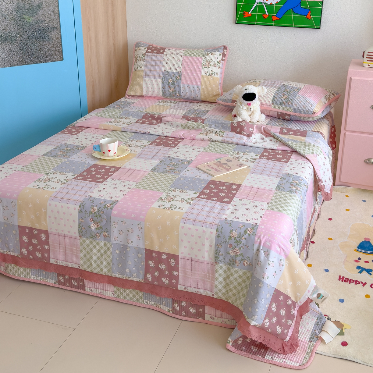 91家纺网 家纺一手货源 找家纺 赫梵茜 2025新款高温砂洗全棉床盖单品床盖床盖单件床盖三件套【可搭配同款春秋被】 款款诗意粉