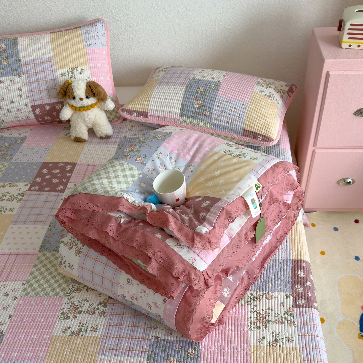 91家纺网 家纺一手货源 找家纺 赫梵茜 2025新款高温砂洗全棉床盖单品床盖床盖单件床盖三件套【可搭配同款春秋被】 款款诗意粉