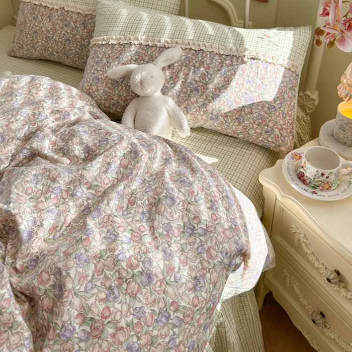 91家纺网 家纺一手货源 找家纺 安莱生活 2025新款全棉纯棉小碎花刺绣花边款四件套 小确幸