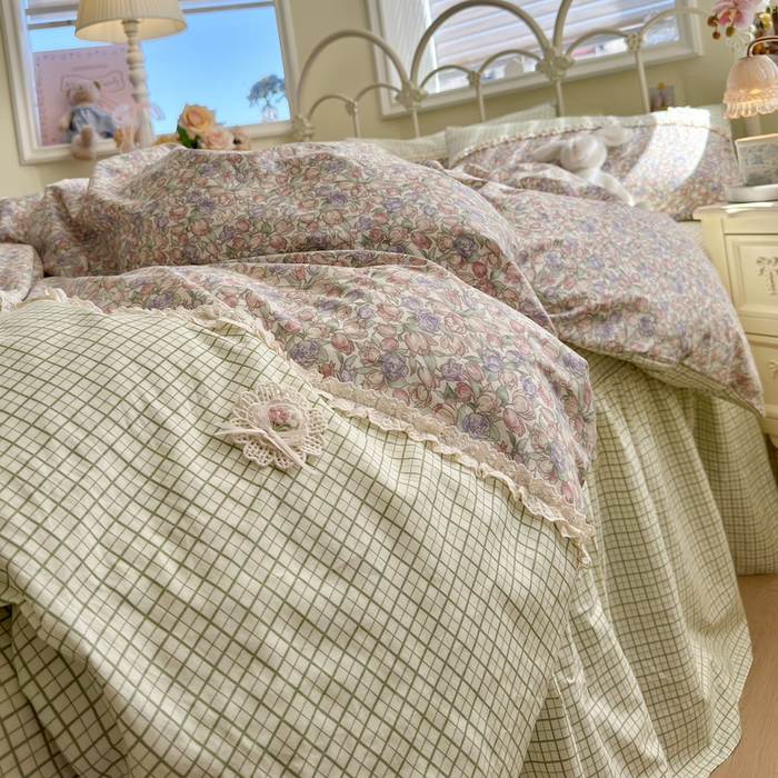 91家纺网 家纺一手货源 找家纺 安莱生活 2025新款全棉纯棉小碎花刺绣花边款四件套 小确幸