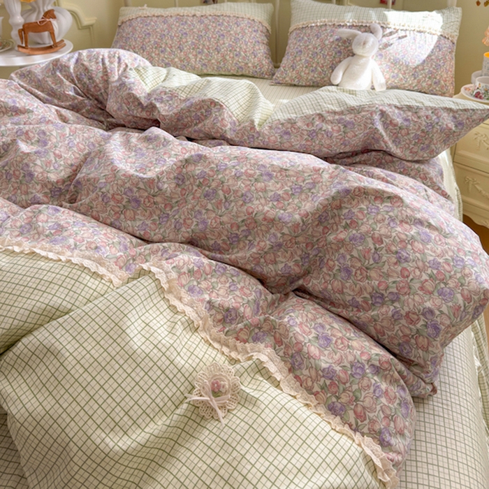 91家纺网 家纺一手货源 找家纺 安莱生活 2025新款全棉纯棉小碎花刺绣花边款四件套 小确幸