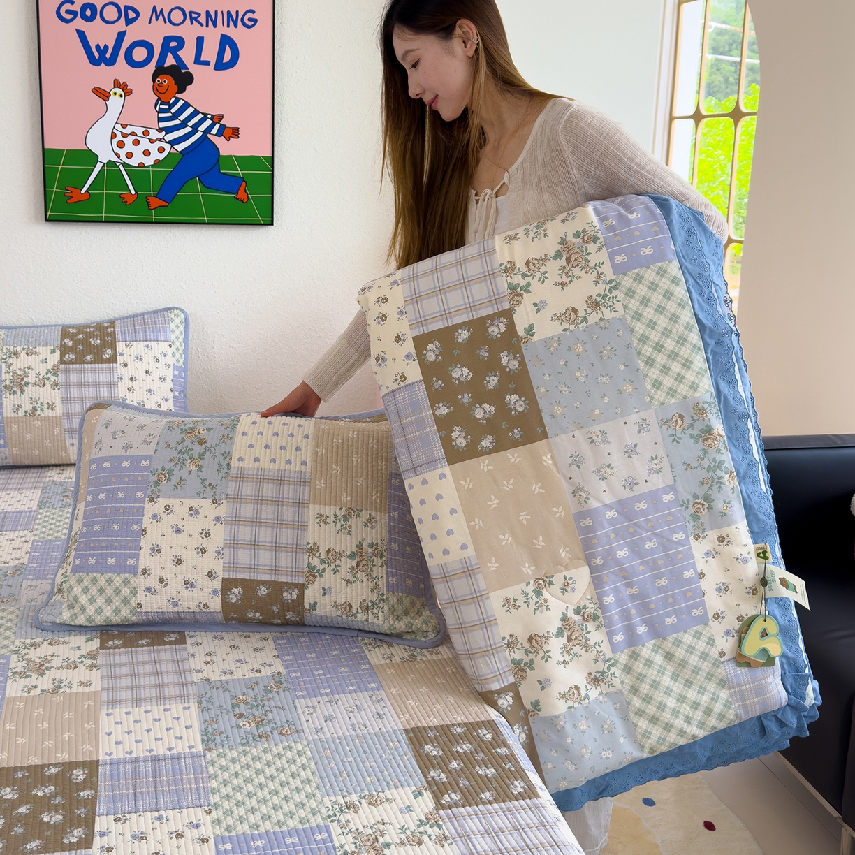 赫梵茜 2025新款高温砂洗全棉床盖单品床盖床盖单件床盖三件套【可搭配同款春秋被】 款款诗意蓝