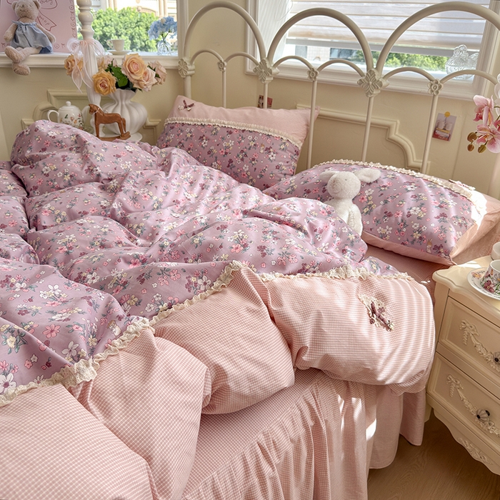 安莱生活 2025新款全棉纯棉小碎花刺绣花边款四件套 紫萝梦