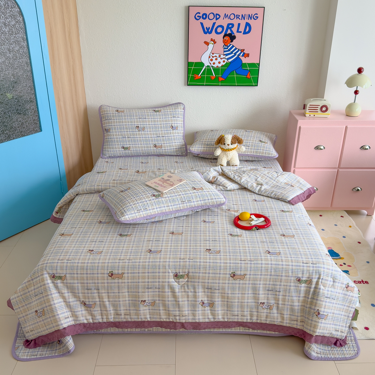 91家纺网 家纺一手货源 找家纺 赫梵茜 2025新款高温砂洗全棉床盖单品床盖床盖单件床盖三件套【可搭配同款春秋被】 腊肠伙伴