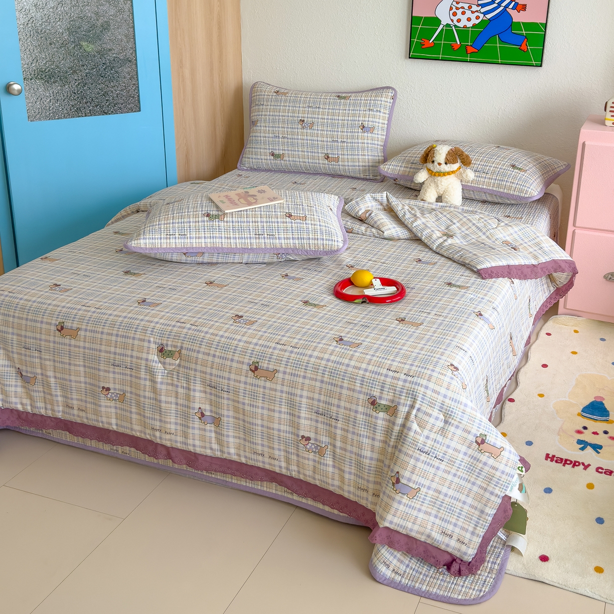 91家纺网 家纺一手货源 找家纺 赫梵茜 2025新款高温砂洗全棉床盖单品床盖床盖单件床盖三件套【可搭配同款春秋被】 腊肠伙伴