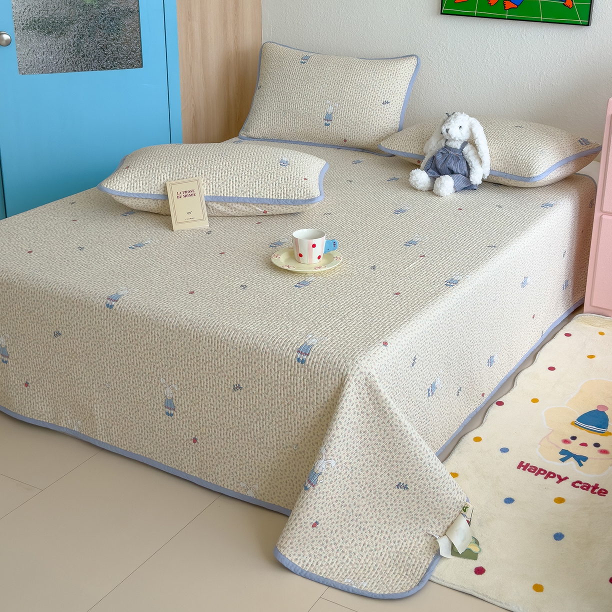 91家纺网 家纺一手货源 找家纺 赫梵茜 2025新款高温砂洗全棉床盖单品床盖床盖单件床盖三件套【可搭配同款春秋被】 奶呼兔兔