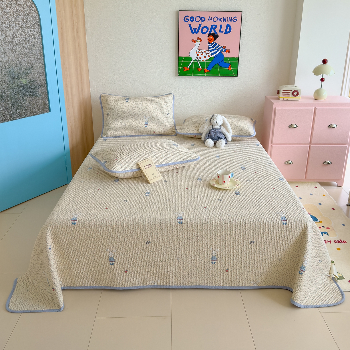 91家纺网 家纺一手货源 找家纺 赫梵茜 2025新款高温砂洗全棉床盖单品床盖床盖单件床盖三件套【可搭配同款春秋被】 奶呼兔兔