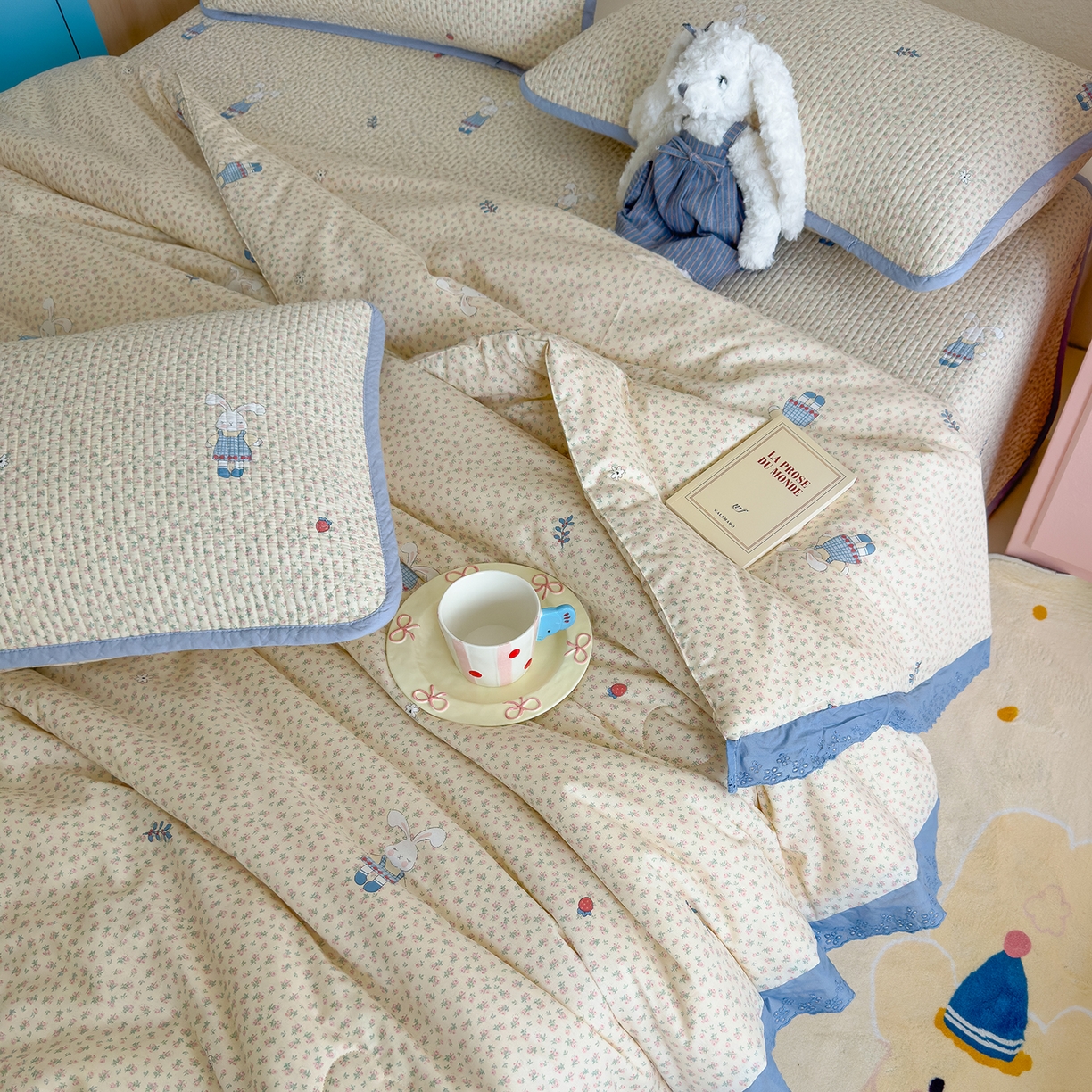 91家纺网 家纺一手货源 找家纺 赫梵茜 2025新款高温砂洗全棉床盖单品床盖床盖单件床盖三件套【可搭配同款春秋被】 奶呼兔兔