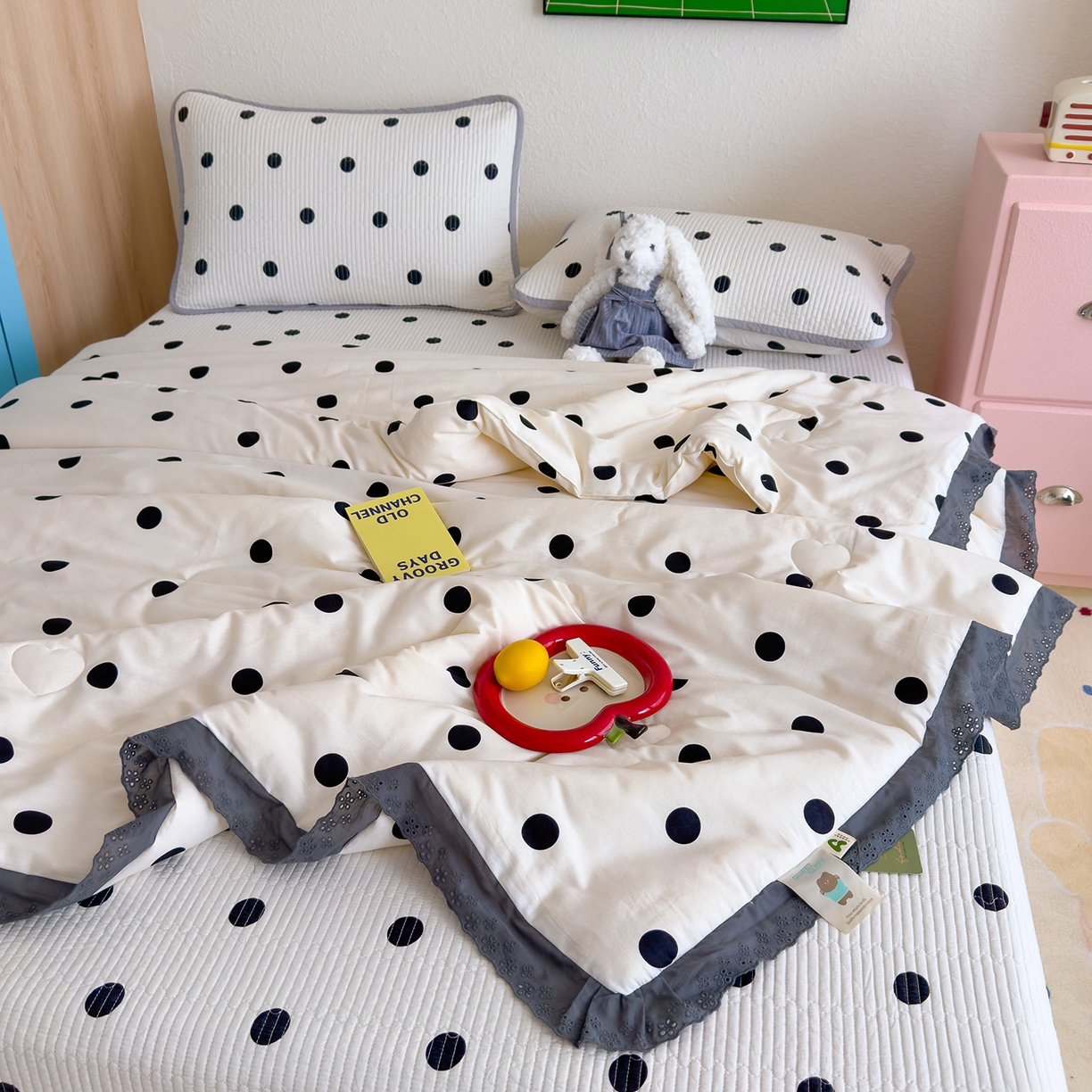 91家纺网 家纺一手货源 找家纺 赫梵茜 2025新款高温砂洗全棉床盖单品床盖床盖单件床盖三件套【可搭配同款春秋被】 奶油波点