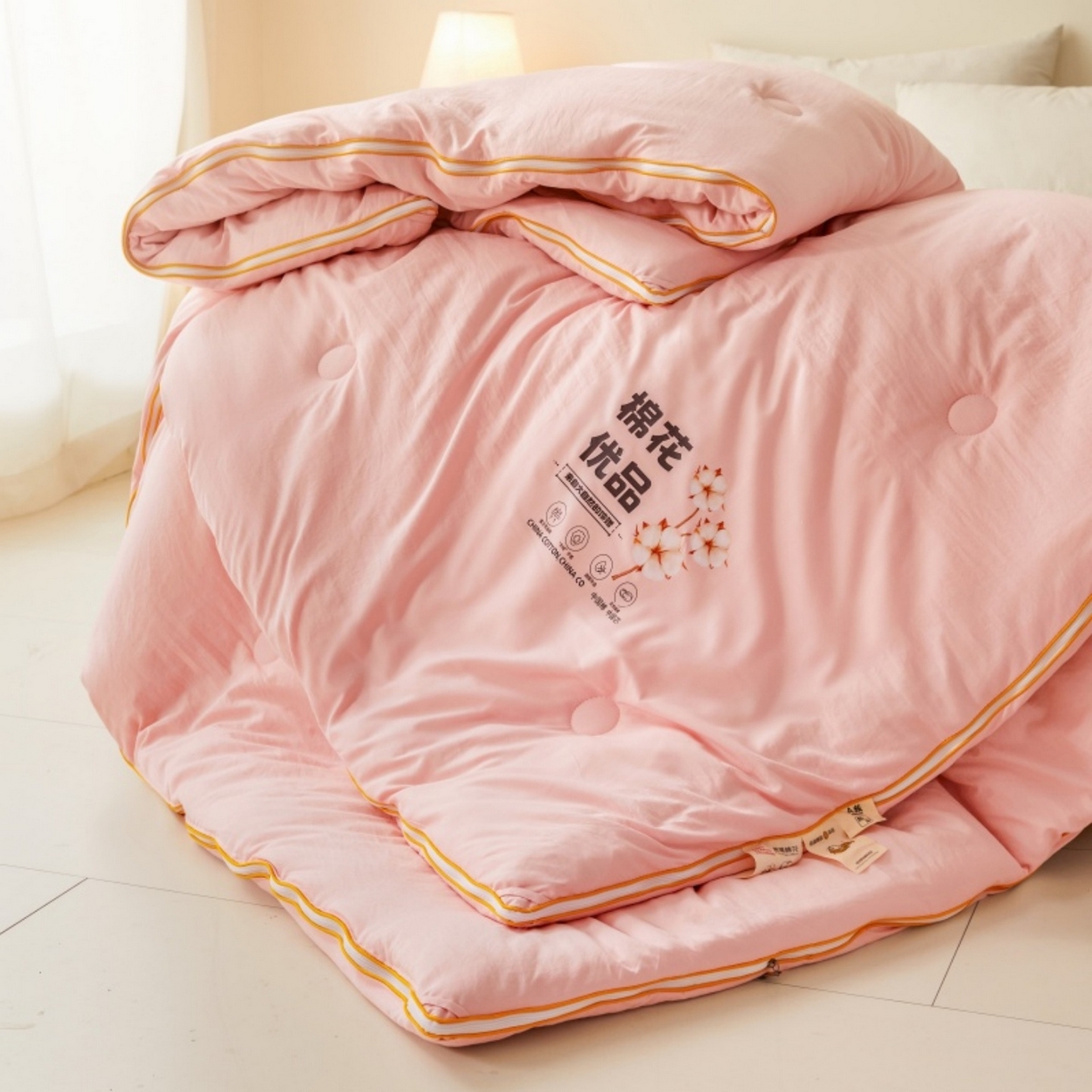 91家纺网 家纺一手货源 找家纺 仁凯2025新款A类棉花优品子母被 被子被芯冬被春秋被学生被（提供买家秀检测报告） 蜜桃粉-优品