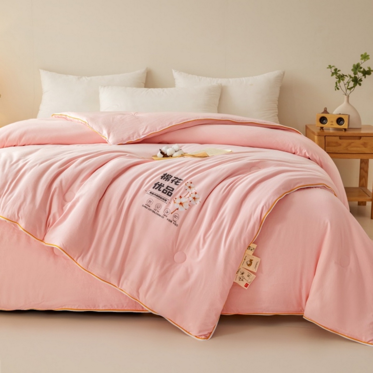 91家纺网 家纺一手货源 找家纺 仁凯2025新款A类棉花优品子母被 被子被芯冬被春秋被学生被（提供买家秀检测报告） 蜜桃粉-优品