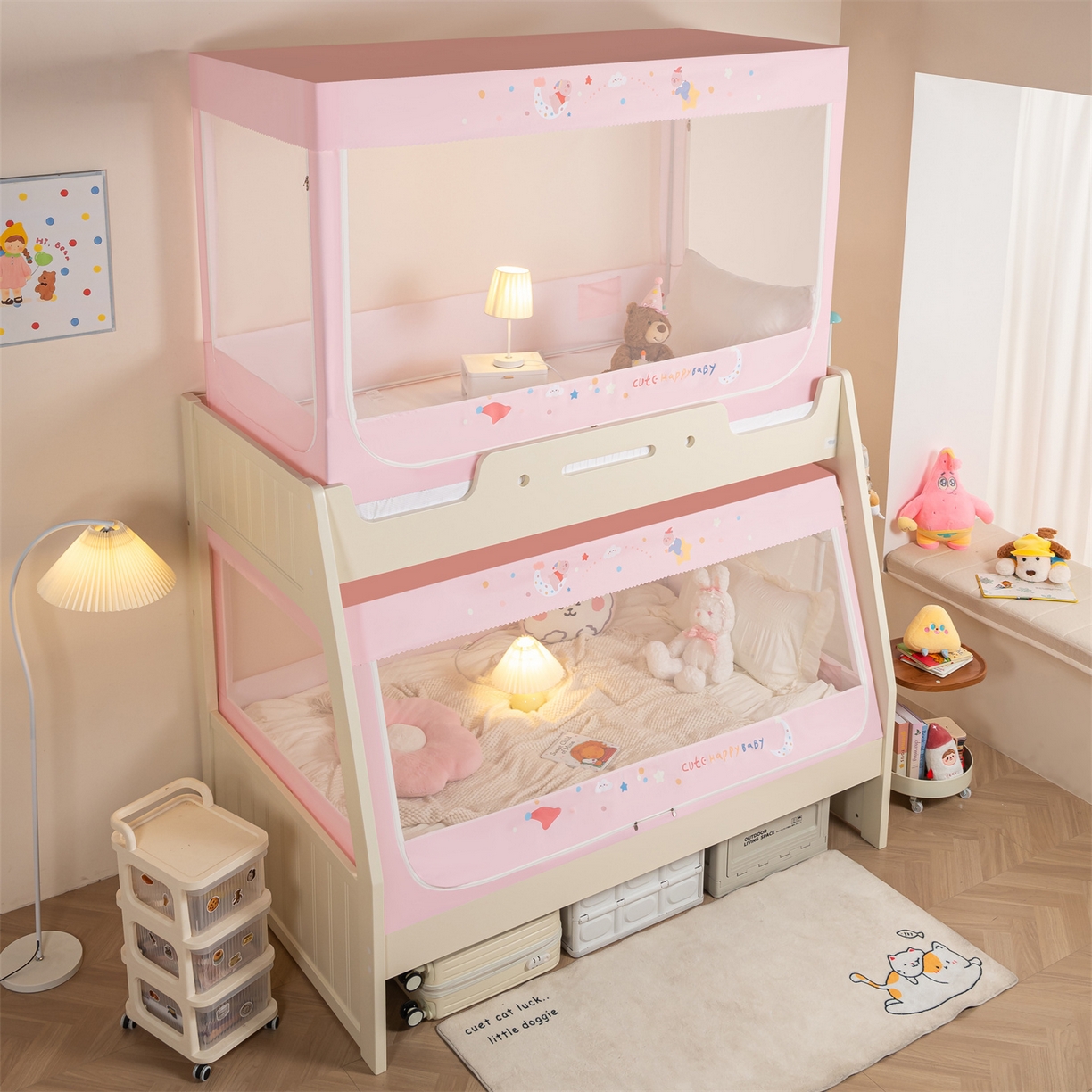 91家纺网 家纺一手货源 找家纺 新太阳蚊帐 2025新款A类子母款上下铺蚊帐 萌猪绮梦