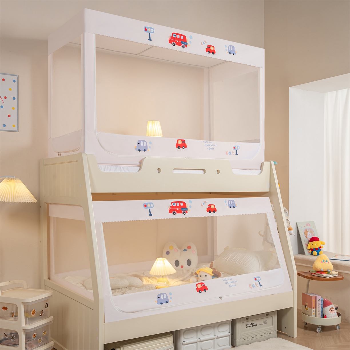 91家纺网 家纺一手货源 找家纺 新太阳蚊帐 2025新款A类子母款上下铺蚊帐 童趣汽车