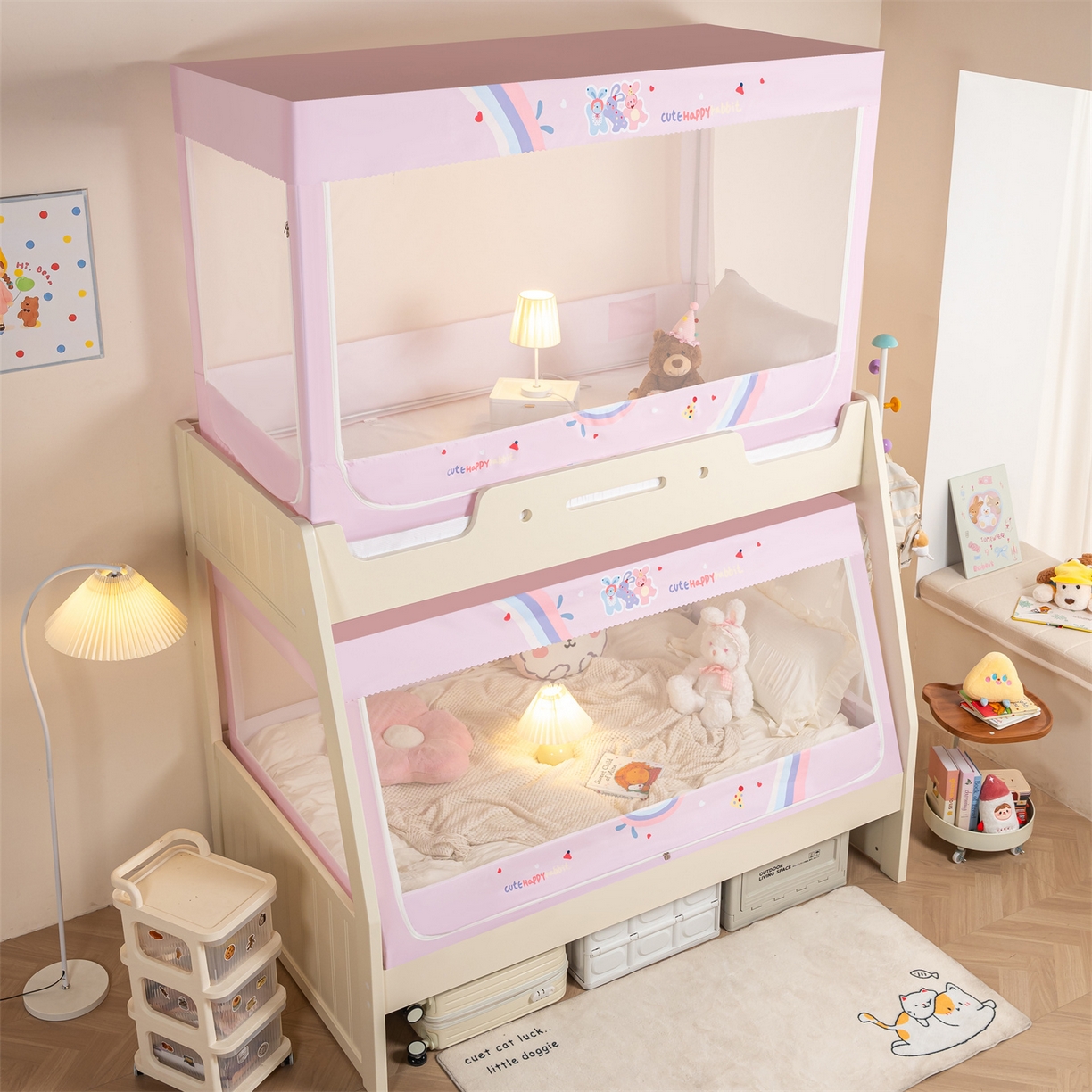 91家纺网 家纺一手货源 找家纺 新太阳蚊帐 2025新款A类子母款上下铺蚊帐 三只小兔