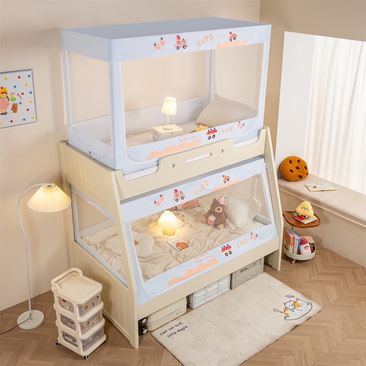 91家纺网 家纺一手货源 找家纺 新太阳蚊帐 2025新款A类子母款上下铺蚊帐 草莓运输队