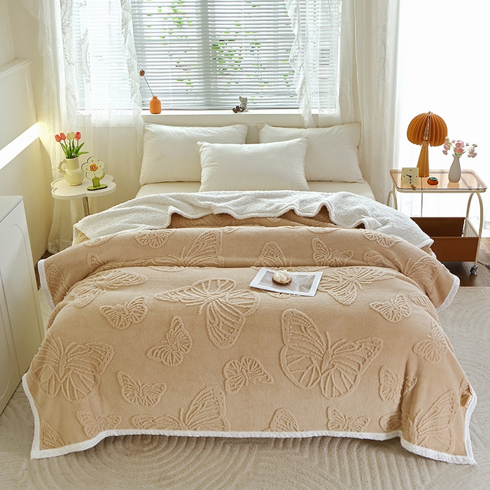 莱家富 2026新款加厚双层复合毯舒棉绒剪花毛毯 米色