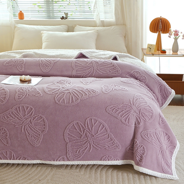 91家纺网 家纺一手货源 找家纺 莱家富 2026新款加厚双层复合毯舒棉绒剪花毛毯 紫色