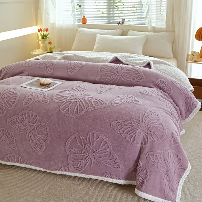91家纺网 家纺一手货源 找家纺 莱家富 2026新款加厚双层复合毯舒棉绒剪花毛毯 紫色