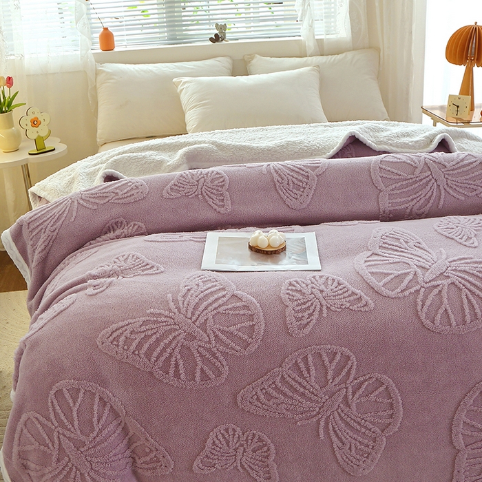 91家纺网 家纺一手货源 找家纺 莱家富 2026新款加厚双层复合毯舒棉绒剪花毛毯 紫色