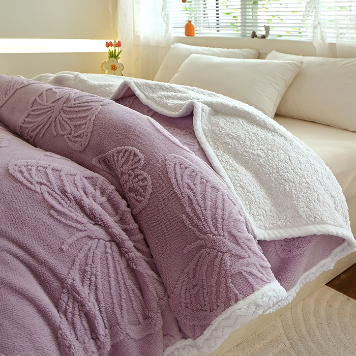 91家纺网 家纺一手货源 找家纺 莱家富 2026新款加厚双层复合毯舒棉绒剪花毛毯 紫色