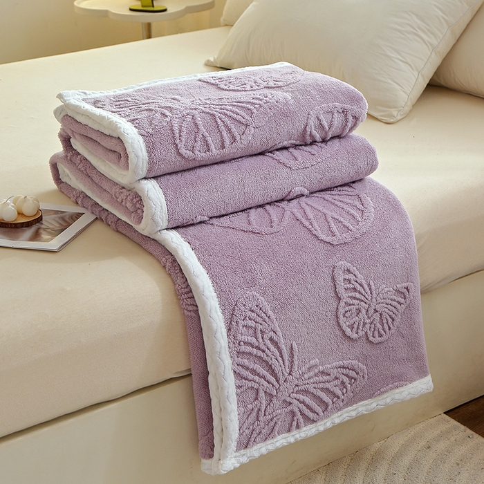 91家纺网 家纺一手货源 找家纺 莱家富 2026新款加厚双层复合毯舒棉绒剪花毛毯 紫色