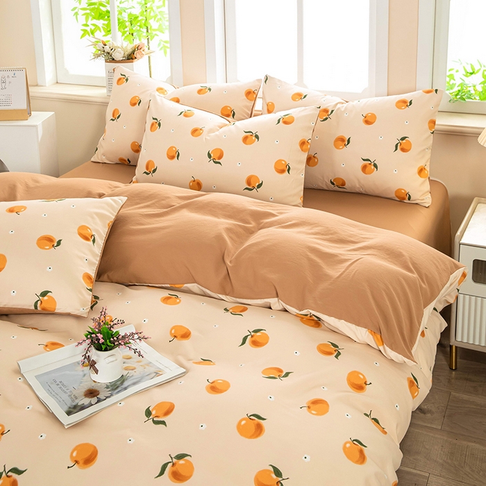 91家纺网 家纺一手货源 找家纺 梦莱家纺 2025新款水洗棉印花四件套 浅桃橘影