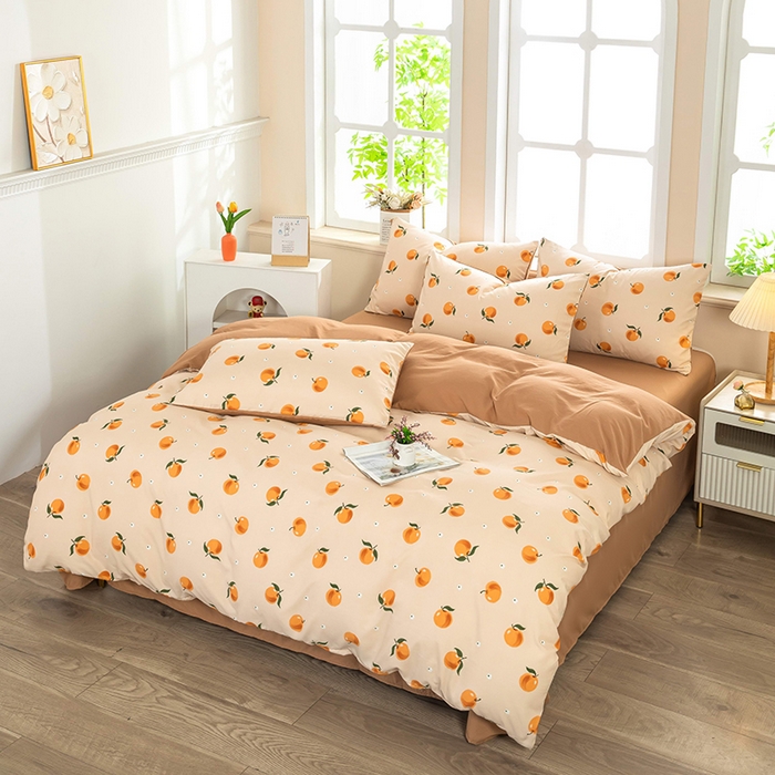 91家纺网 家纺一手货源 找家纺 梦莱家纺 2025新款水洗棉印花四件套 浅桃橘影