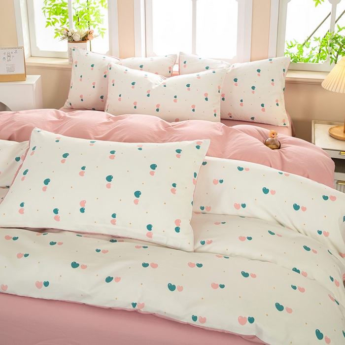 91家纺网 家纺一手货源 找家纺 梦莱家纺 2025新款水洗棉印花四件套 双心漫旅