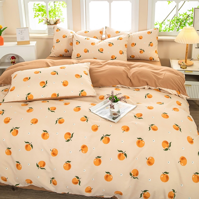 91家纺网 家纺一手货源 找家纺 梦莱家纺 2025新款水洗棉印花四件套 浅桃橘影