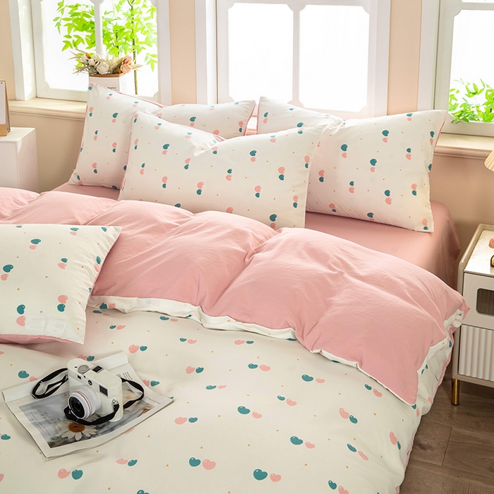 91家纺网 家纺一手货源 找家纺 梦莱家纺 2025新款水洗棉印花四件套 双心漫旅