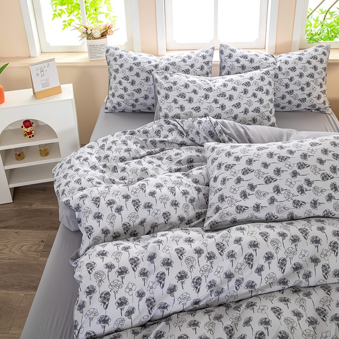 91家纺网 家纺一手货源 找家纺 梦莱家纺 2025新款水洗棉印花四件套 墨绘繁花