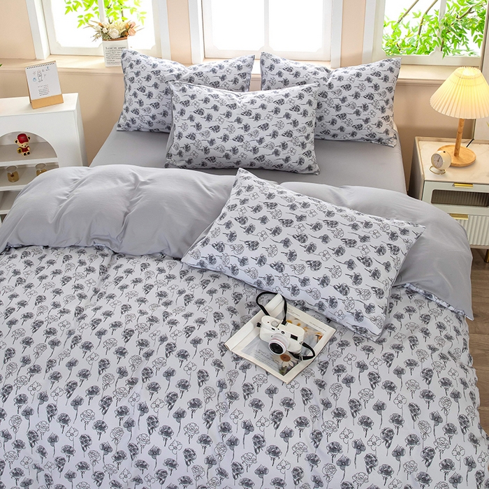 91家纺网 家纺一手货源 找家纺 梦莱家纺 2025新款水洗棉印花四件套 墨绘繁花