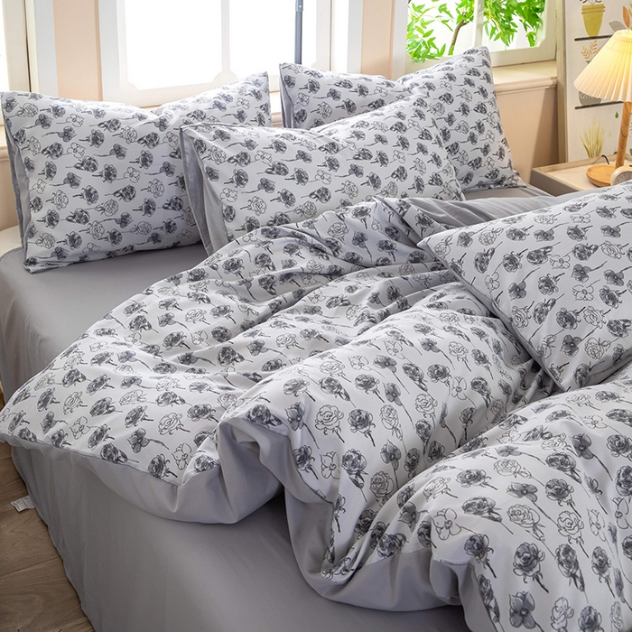 91家纺网 家纺一手货源 找家纺 梦莱家纺 2025新款水洗棉印花四件套 墨绘繁花