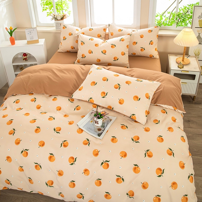 91家纺网 家纺一手货源 找家纺 梦莱家纺 2025新款水洗棉印花四件套 浅桃橘影