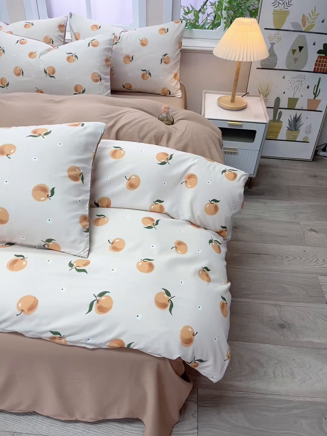 91家纺网 家纺一手货源 找家纺 梦莱家纺 2025新款水洗棉印花四件套 浅桃橘影