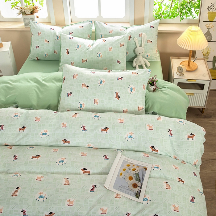 91家纺网 家纺一手货源 找家纺 梦莱家纺 2025新款水洗棉印花四件套 萌犬趣行