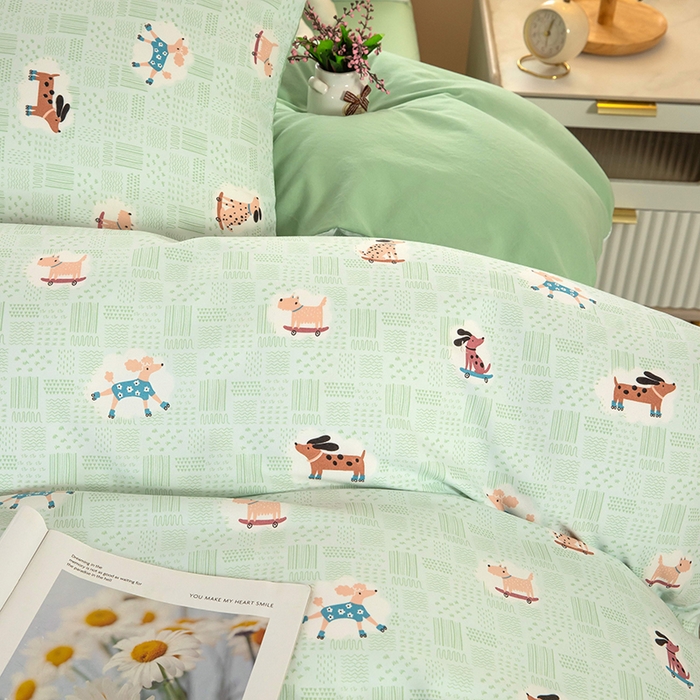 91家纺网 家纺一手货源 找家纺 梦莱家纺 2025新款水洗棉印花四件套 萌犬趣行