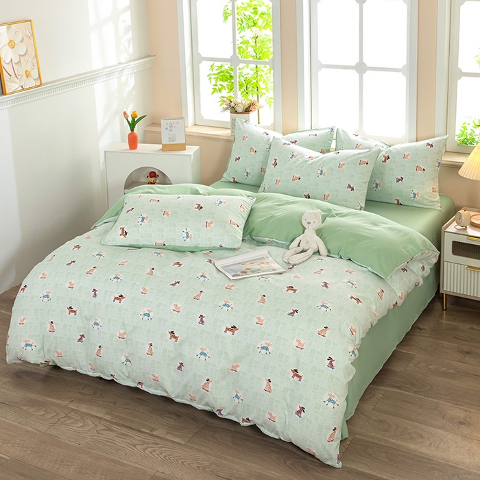 91家纺网 家纺一手货源 找家纺 梦莱家纺 2025新款水洗棉印花四件套 萌犬趣行