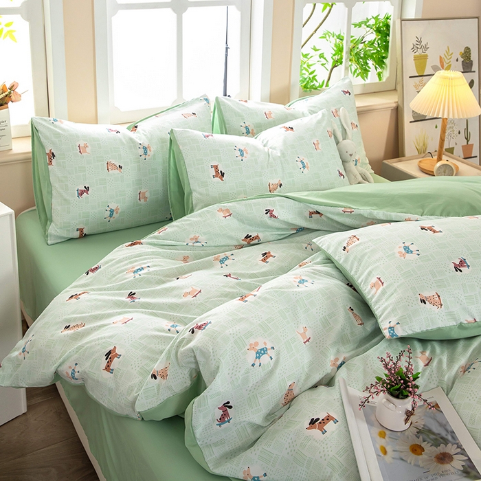 91家纺网 家纺一手货源 找家纺 梦莱家纺 2025新款水洗棉印花四件套 萌犬趣行