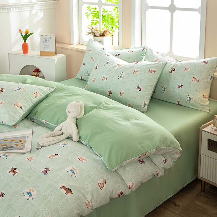 91家纺网 家纺一手货源 找家纺 梦莱家纺 2025新款水洗棉印花四件套 萌犬趣行