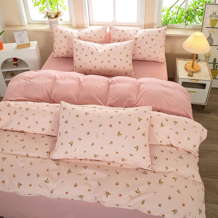 91家纺网 家纺一手货源 找家纺 梦莱家纺 2025新款水洗棉印花四件套 浅粉花语