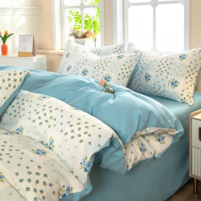 梦莱家纺 2025新款水洗棉印花四件套 蓝玫格影